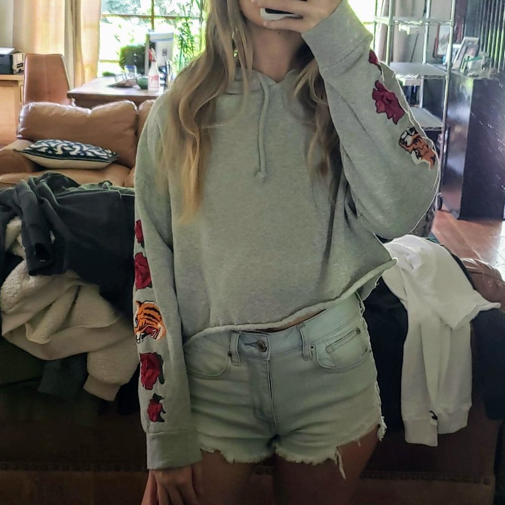 Pacsun Gray Crop Tiger Rose Embroidery Hoodie
